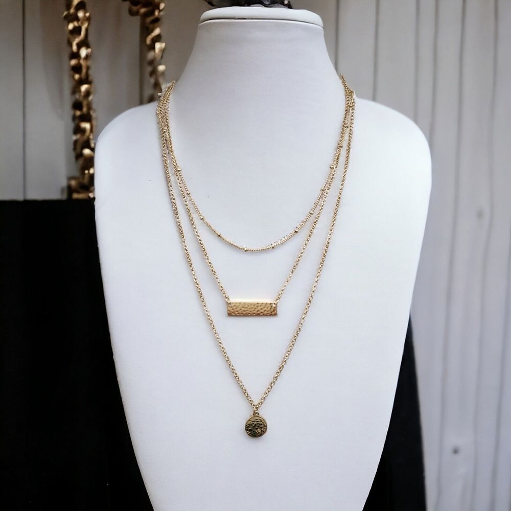 Bancroft Layered Necklace Gold Tone Hammered Pendants Triple Strand Draping